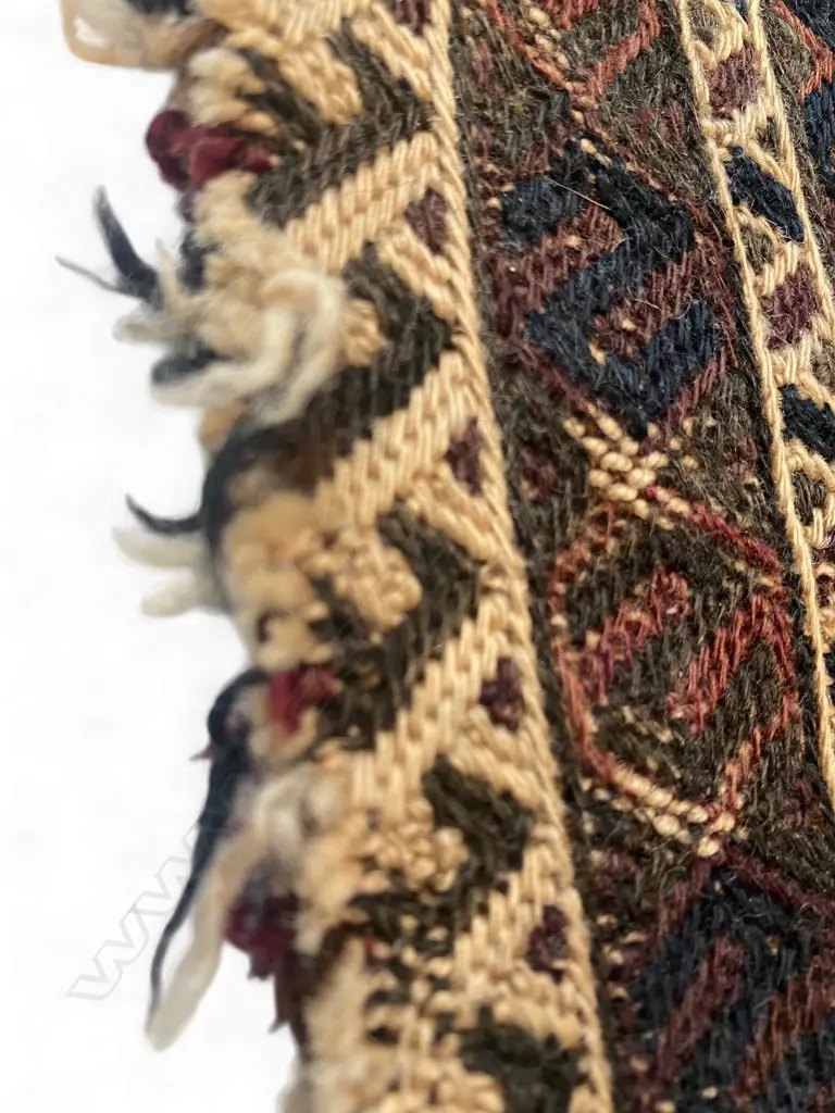 Bag face – wool, - soumac - hooked lozenge lattice - white running border – faded. 42.5 x 40cm Image 1++